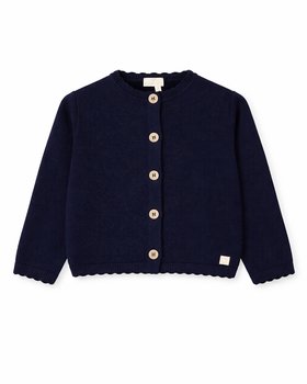 Girls’ Mandarin-Collar Cardigan with Scalloped Details in Pure Ultrafine Merino Wool