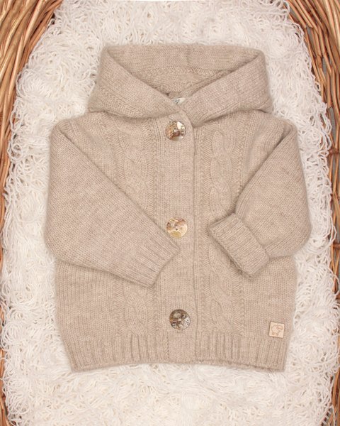 Giacchina neonato con cappuccio e trecce in pura lana vergine merino ultrafine