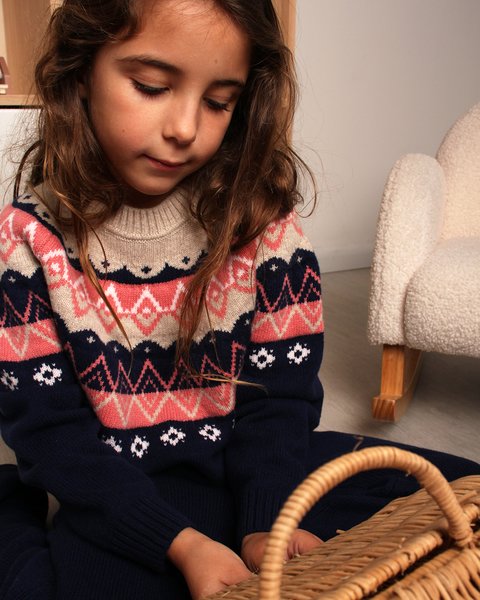 Maglia girocollo jacquard bambina in pura lana merino ultrafine