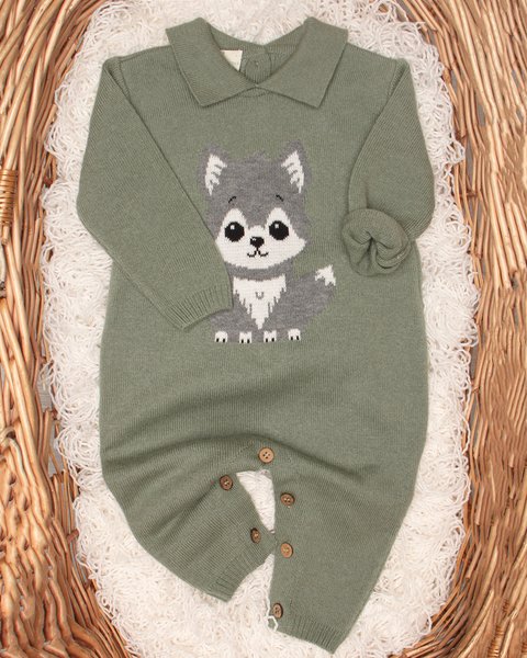 Tutina in maglia neonato lupo in pura lana merino ultrafine