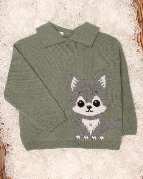 Maglia neonato lupo in pura lana merino ultrafine