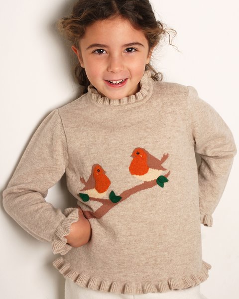 Maglioncino pettirosso bimba in pura lana merino ultrafine