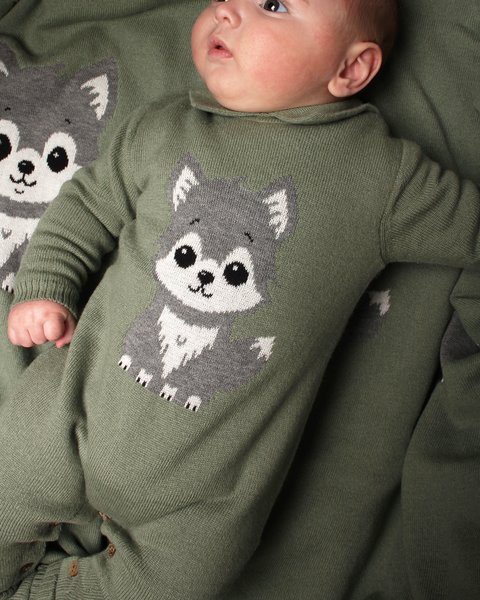 Tutina in maglia neonato lupo in pura lana merino ultrafine