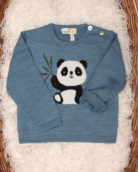 Maglia girocollo neonati panda in pura lana merino