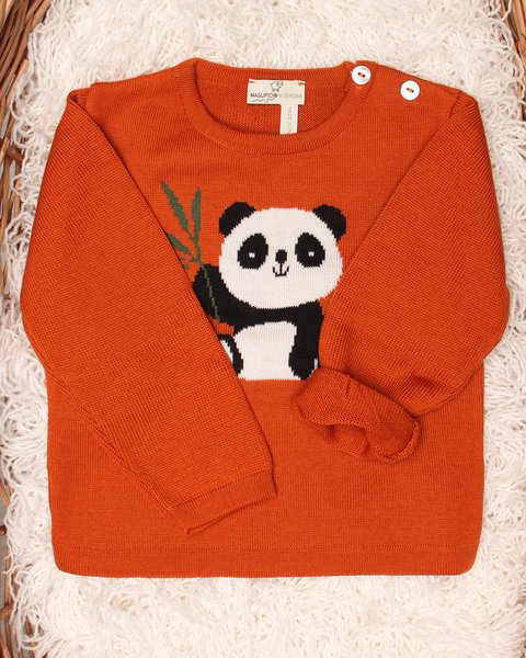 Maglia girocollo neonati panda in pura lana merino
