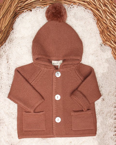 Giacca links  cappuccio pon pon in pura lana merino neonati