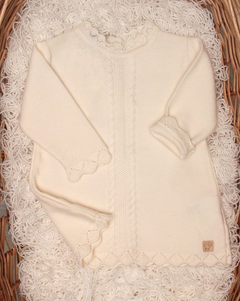 Vestitino neonata trecce merletto in pura lana merino