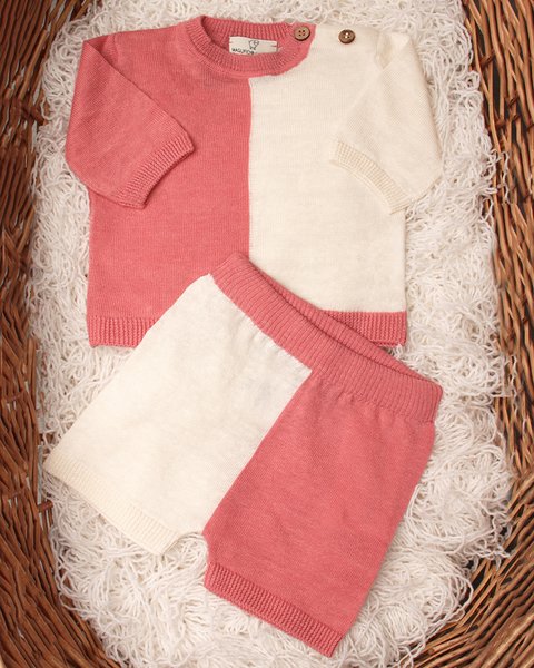 Completo corto neonati in puro lino e puro cotone bicolor